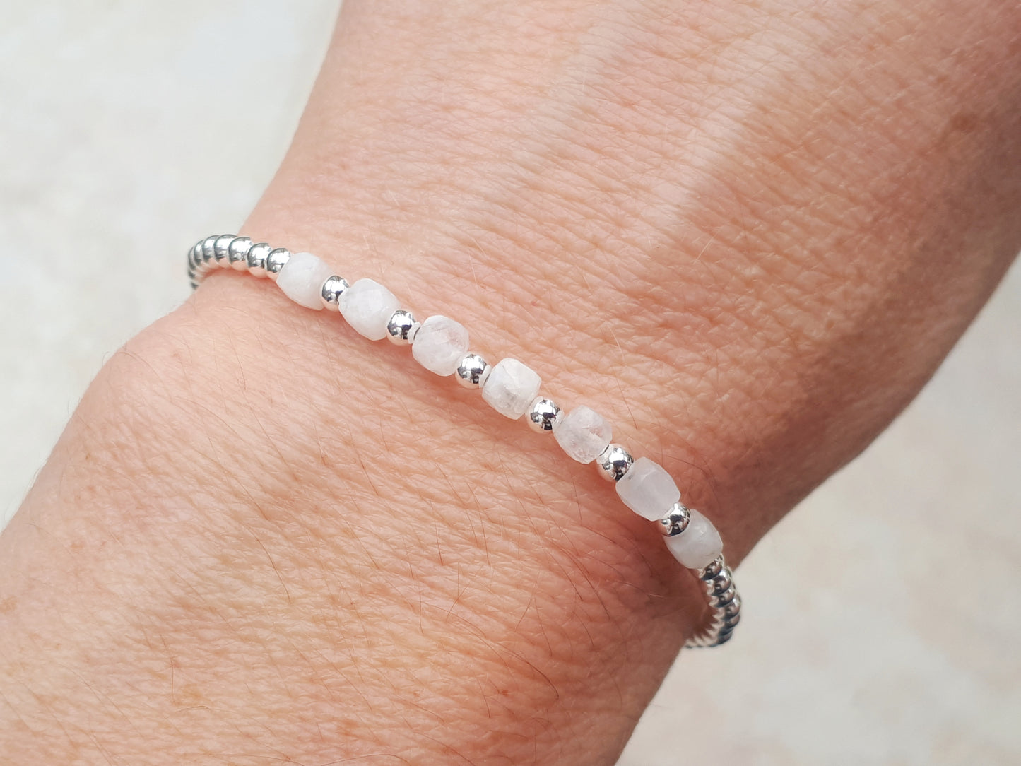 Moonstone milestone bracelet in sterling silver.