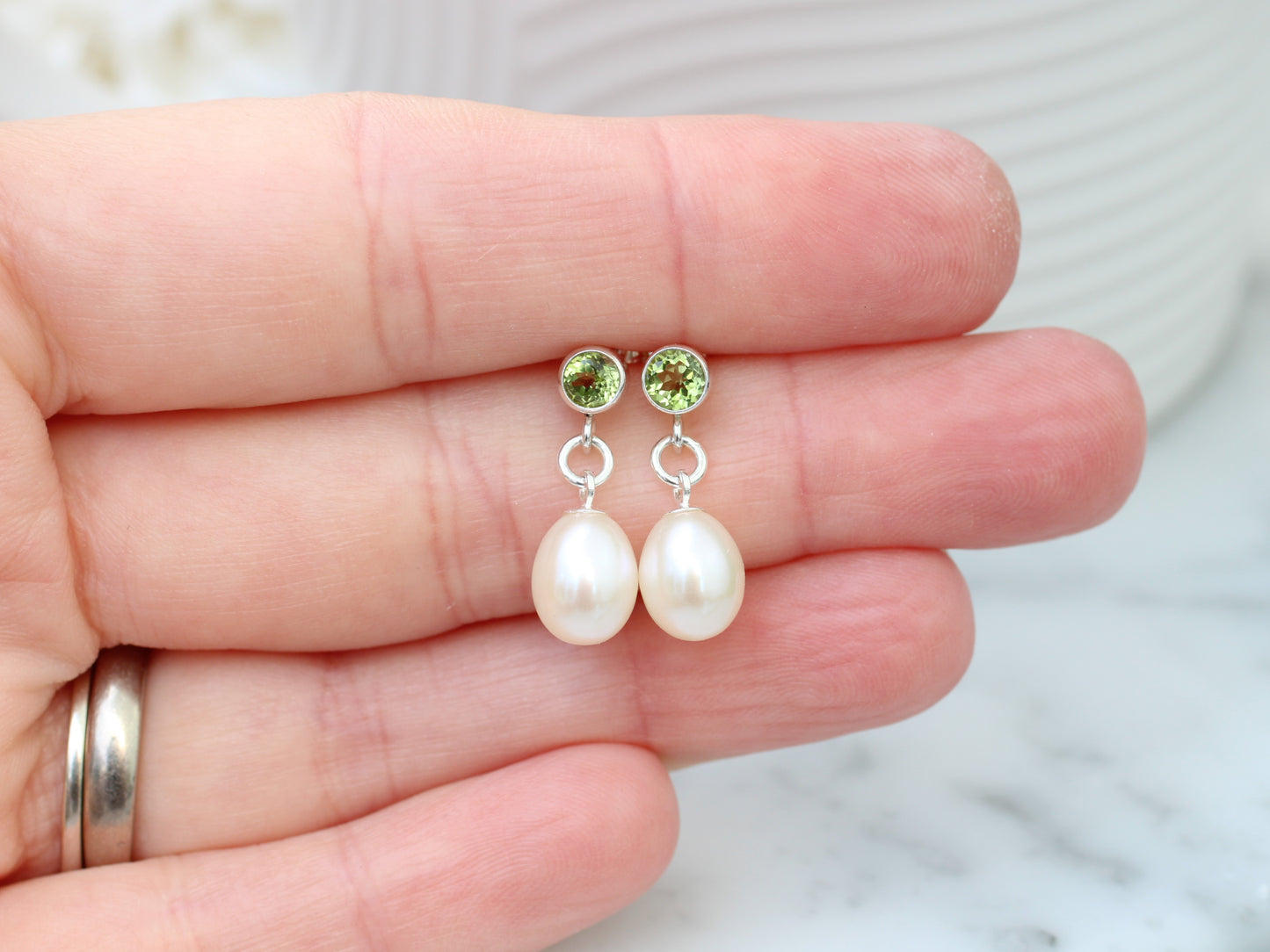 Pearl and peridot earrings. August birthstone.