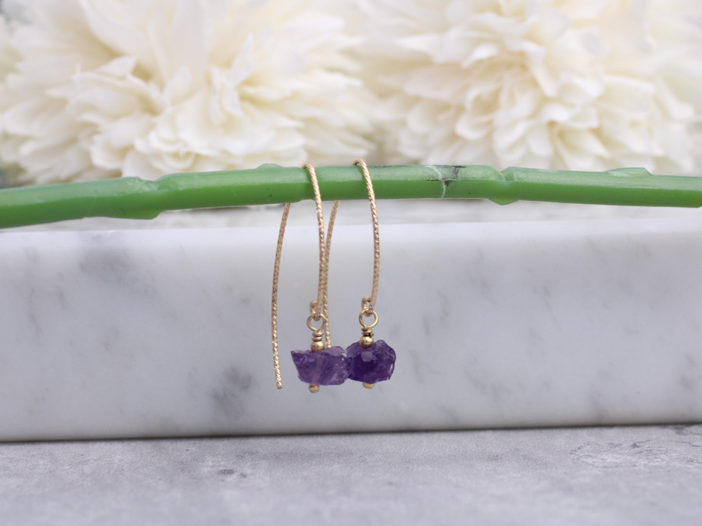Raw amethyst earrings in sterling silver and gold.