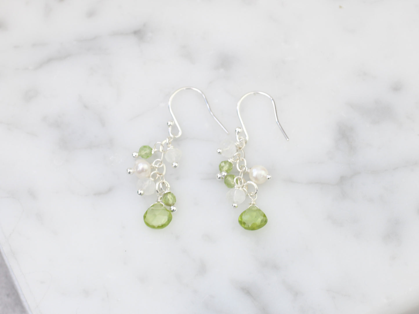 Peridot, moonstone and pearl cluster earrings.