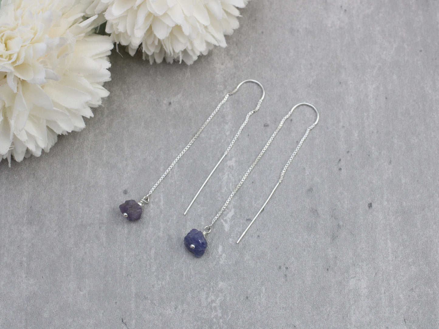 Raw tanzanite threader earrings. December birthstone.