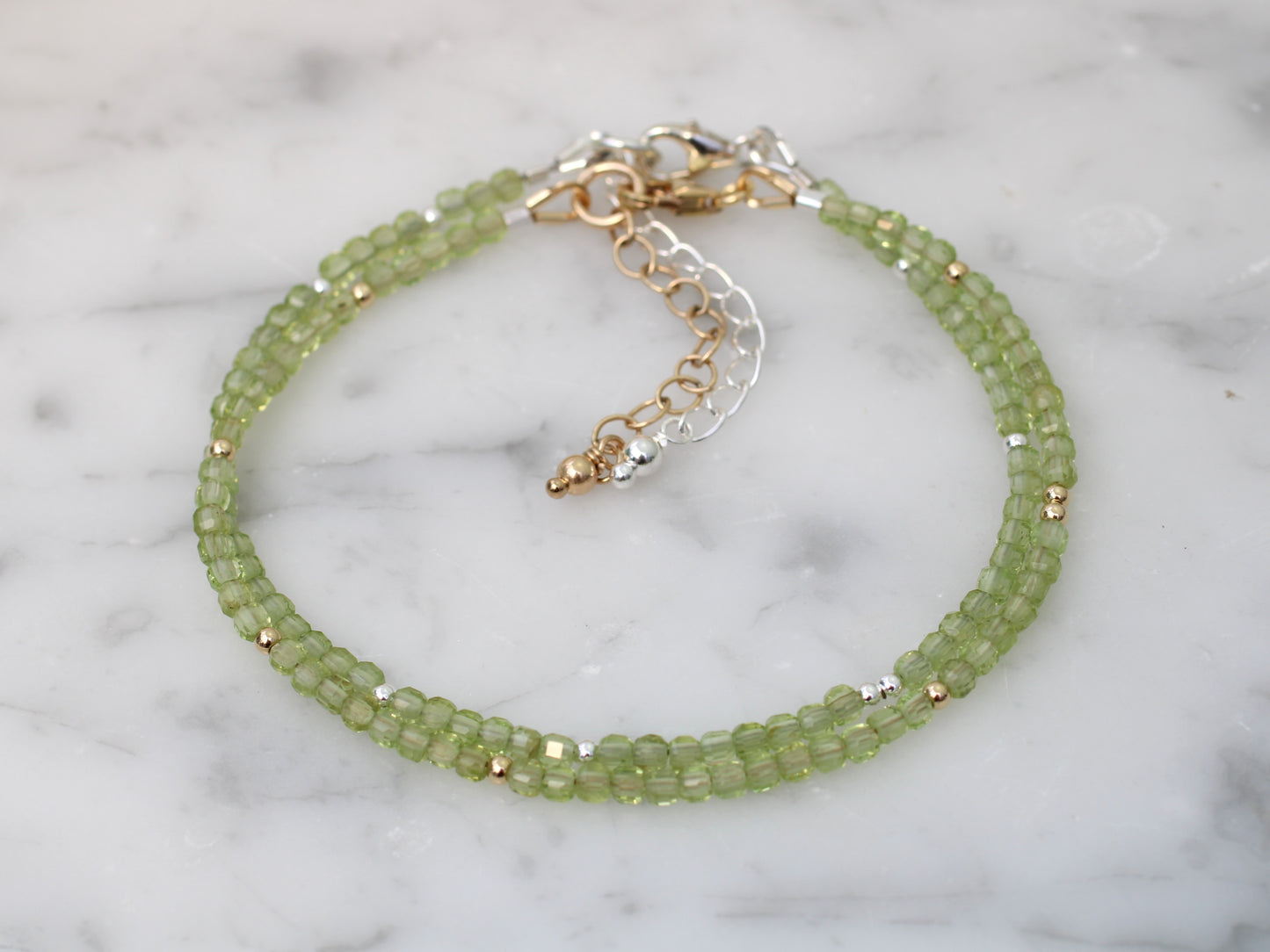 Skinny peridot bracelet. August birthstone bracelet.