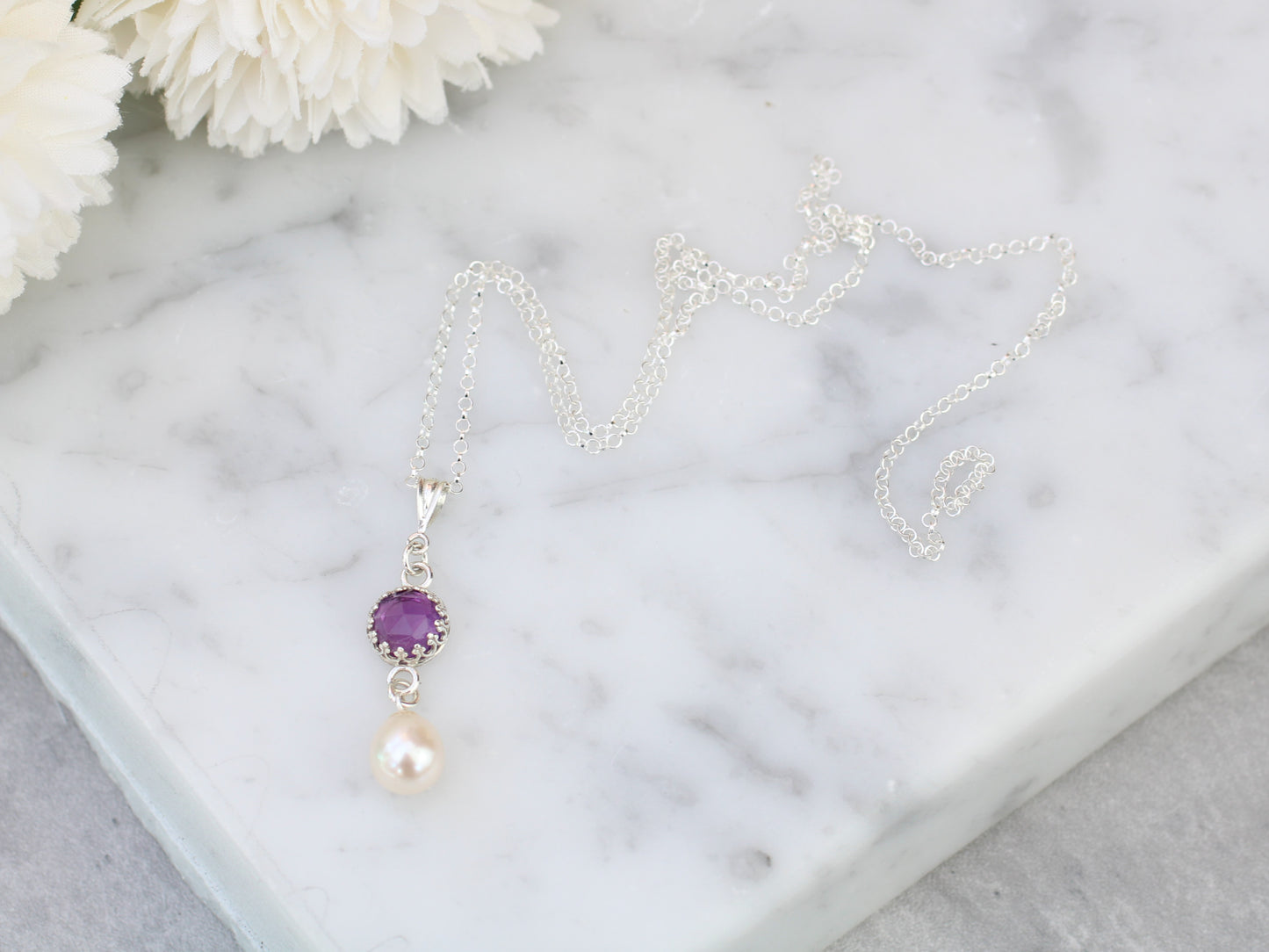 Amethyst and pearl necklace. Ready to ship.