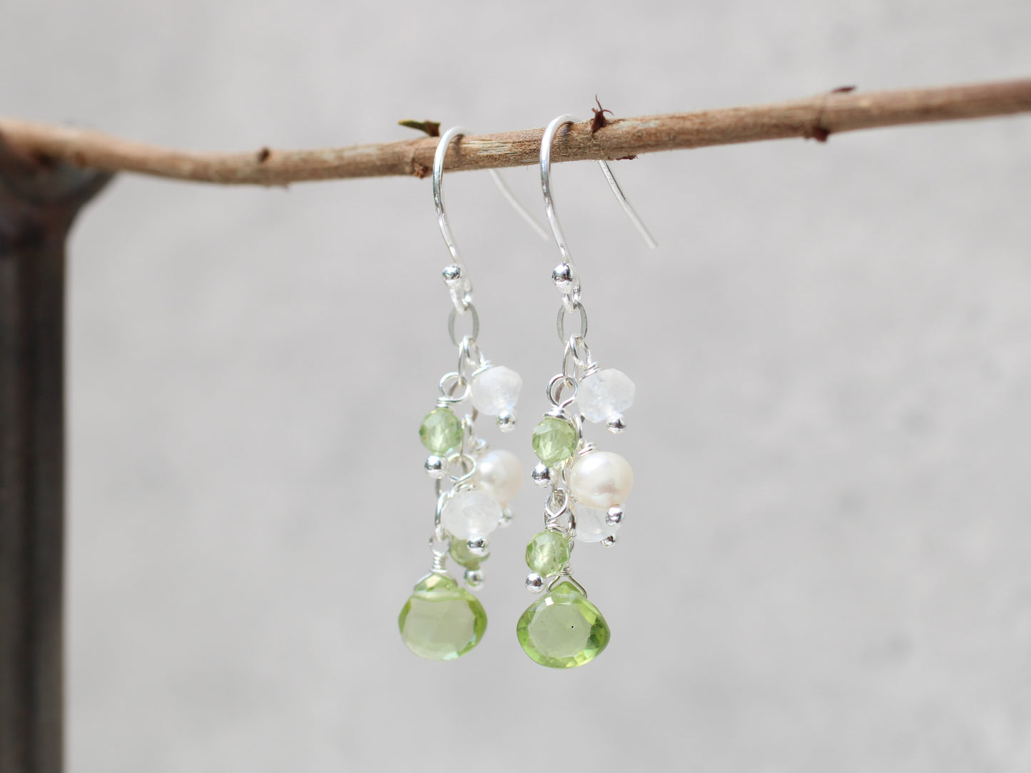 Peridot, moonstone and pearl cluster earrings.