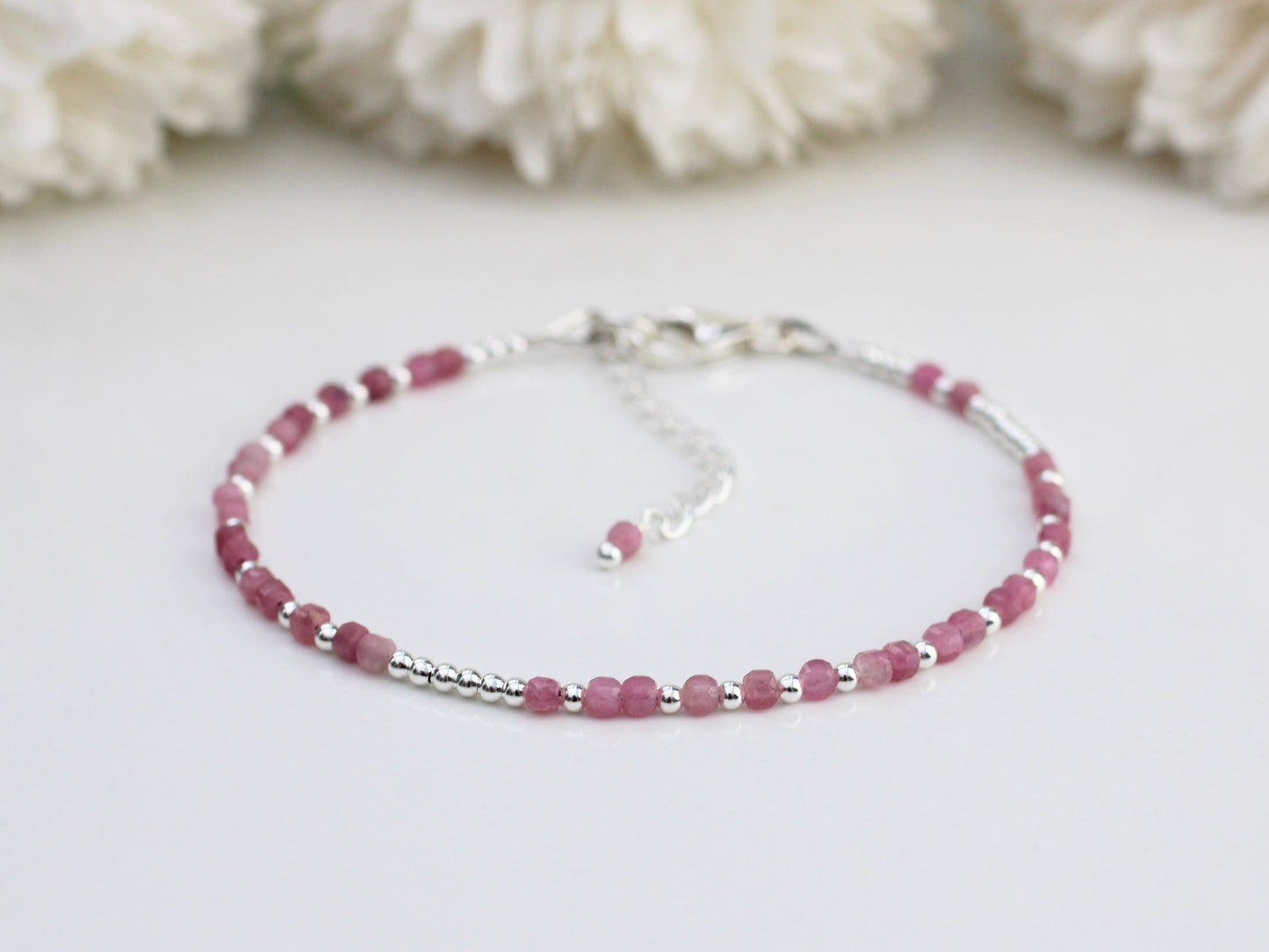 I love you morse code bracelet with pink tourmaline gemstones.