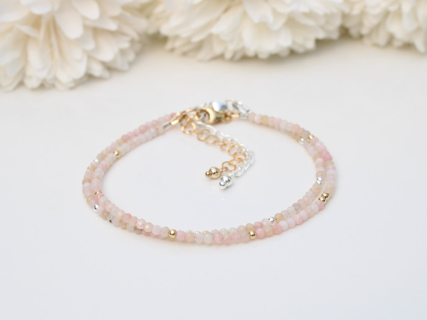 Skinny pink opal bracelet in silver or gold.