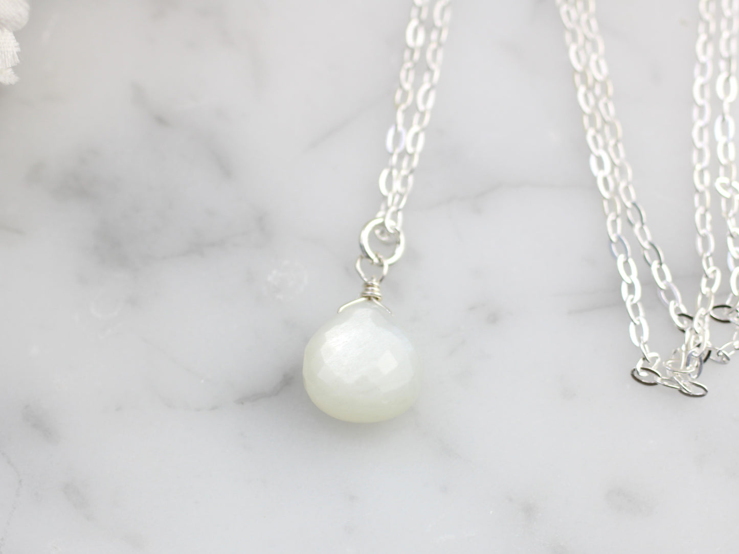 Moonstone gemstone necklace in silver or gold.