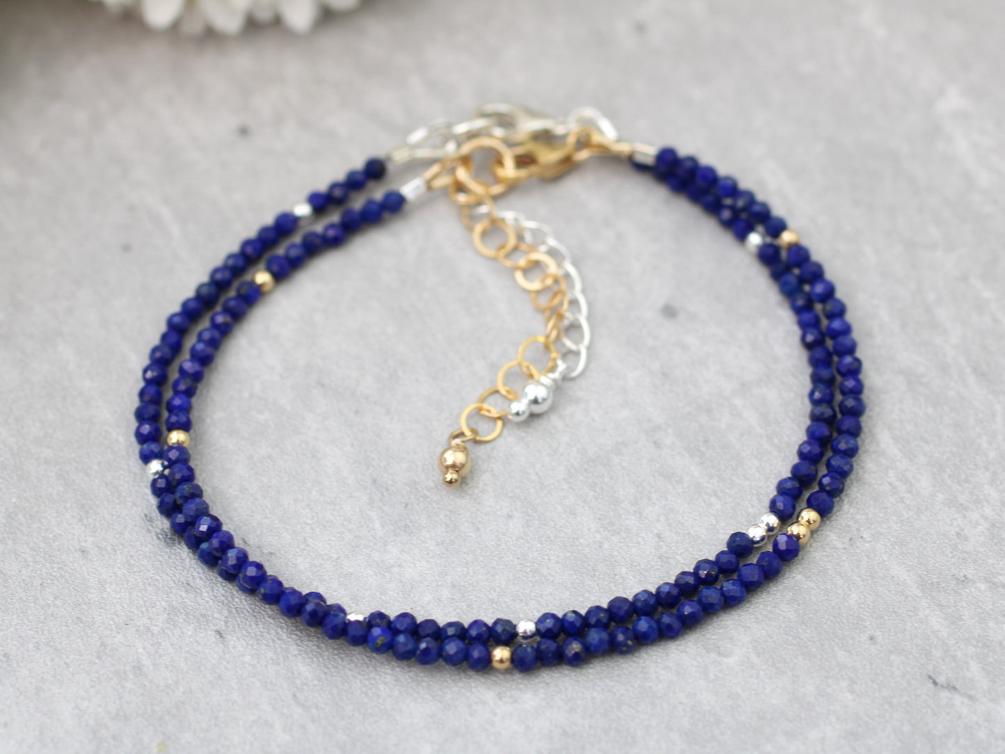 Skinny lapis lazuli bracelet in sterling silver or gold.