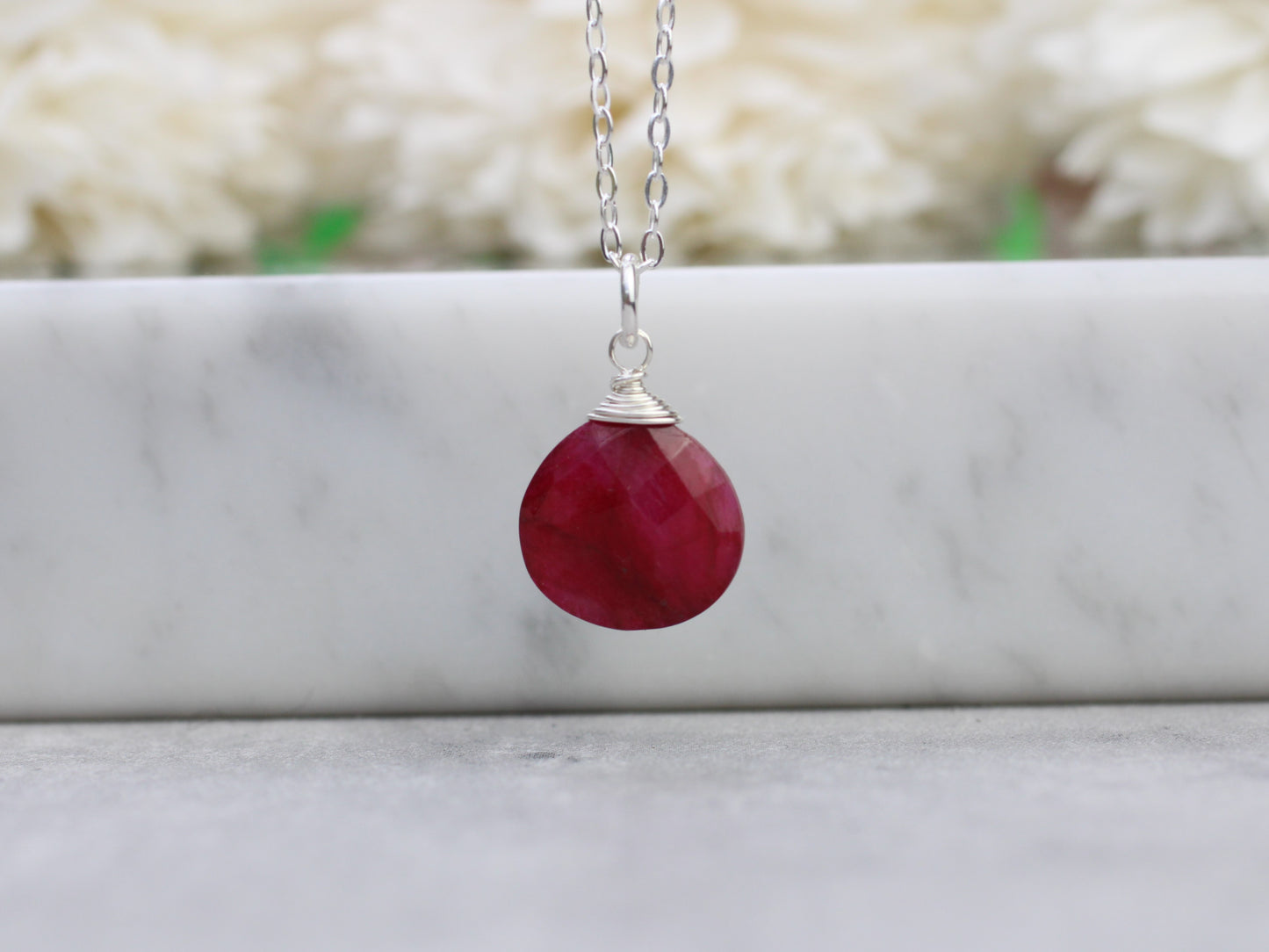 Ruby drop necklace in silver or gold. July birthday gift.