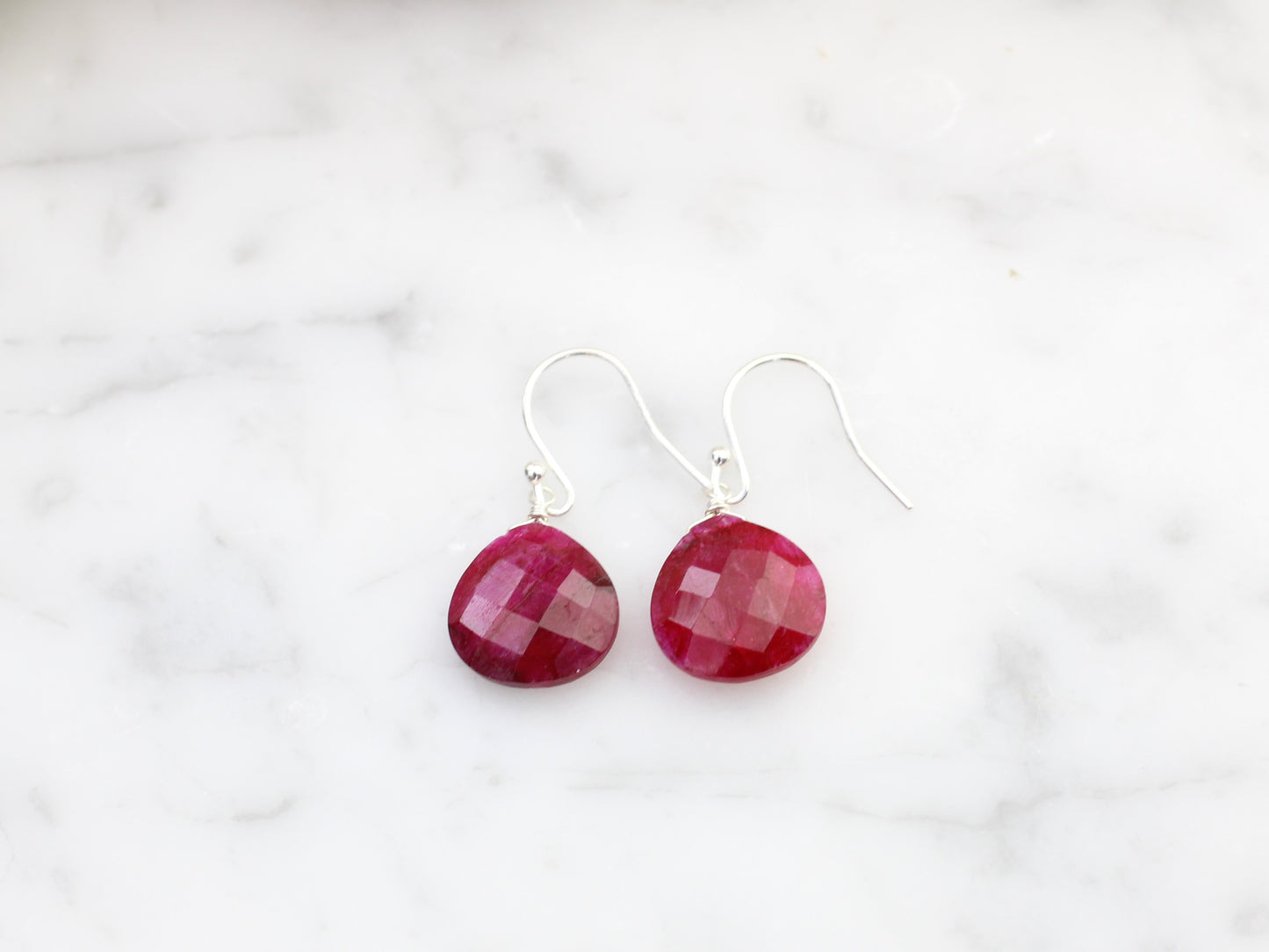 Ruby drop earrings in silver or gold. July birthstone.