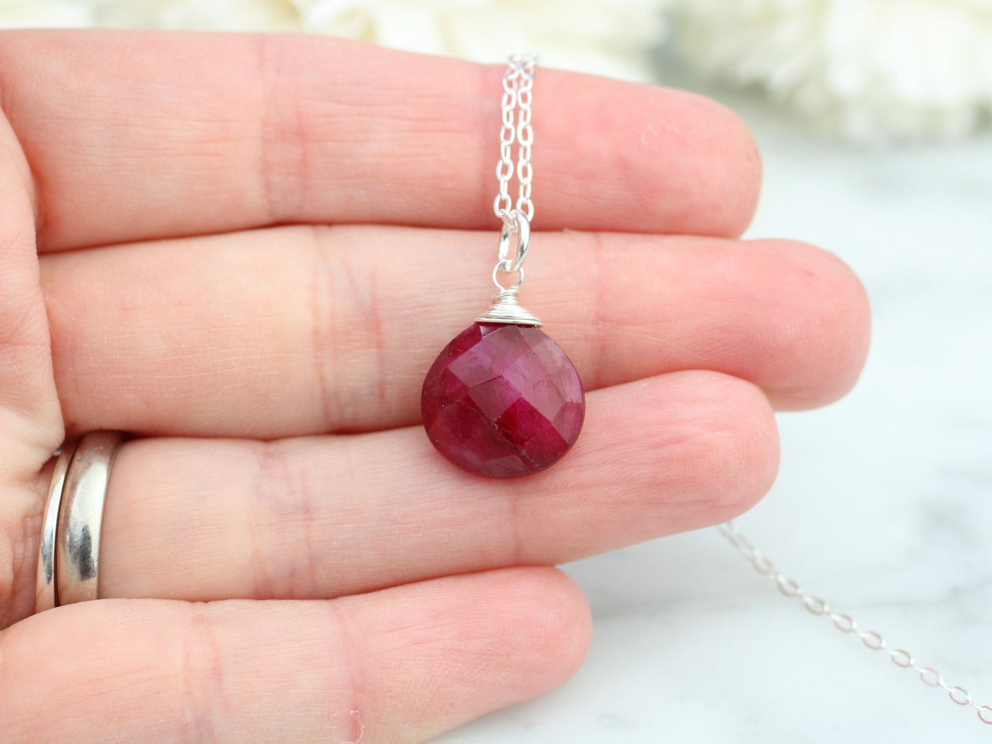 Ruby drop necklace in silver or gold. July birthday gift.