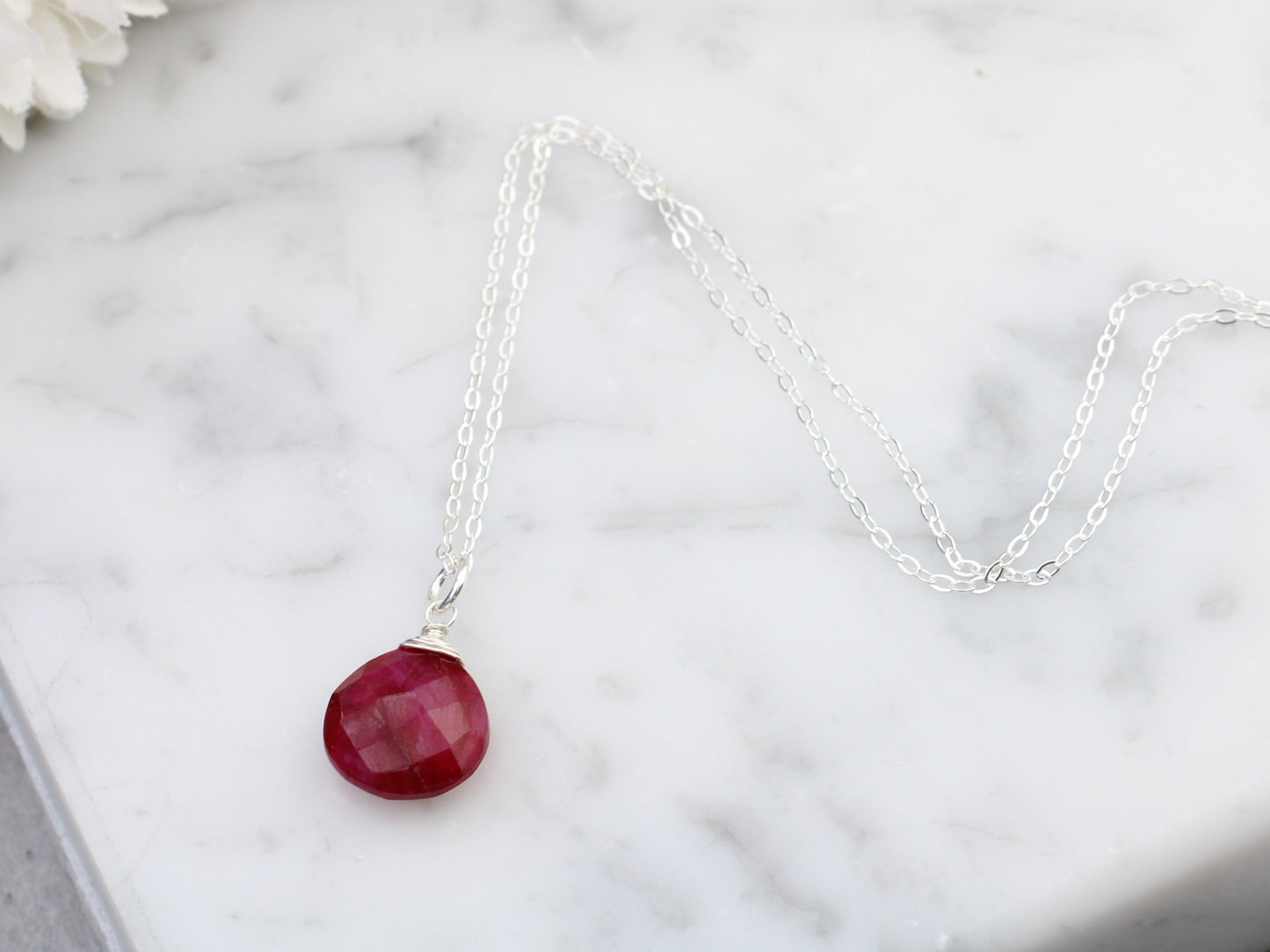 Ruby drop necklace in silver or gold. July birthday gift.