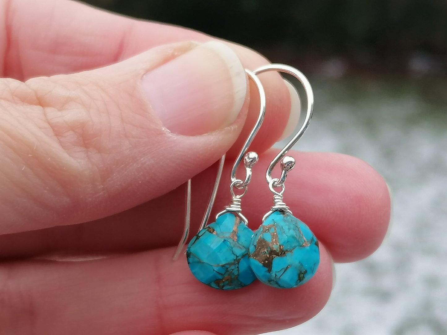 Turquoise drop earrings in silver or gold.