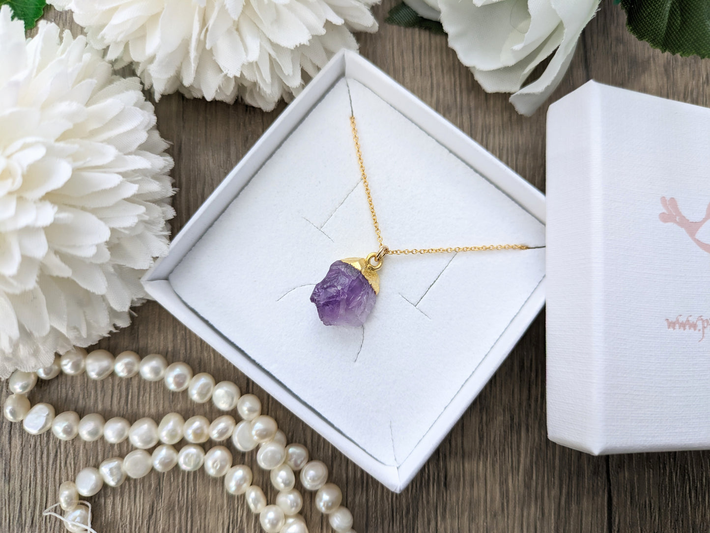 February birthstone necklace. Amethyst gold necklace.