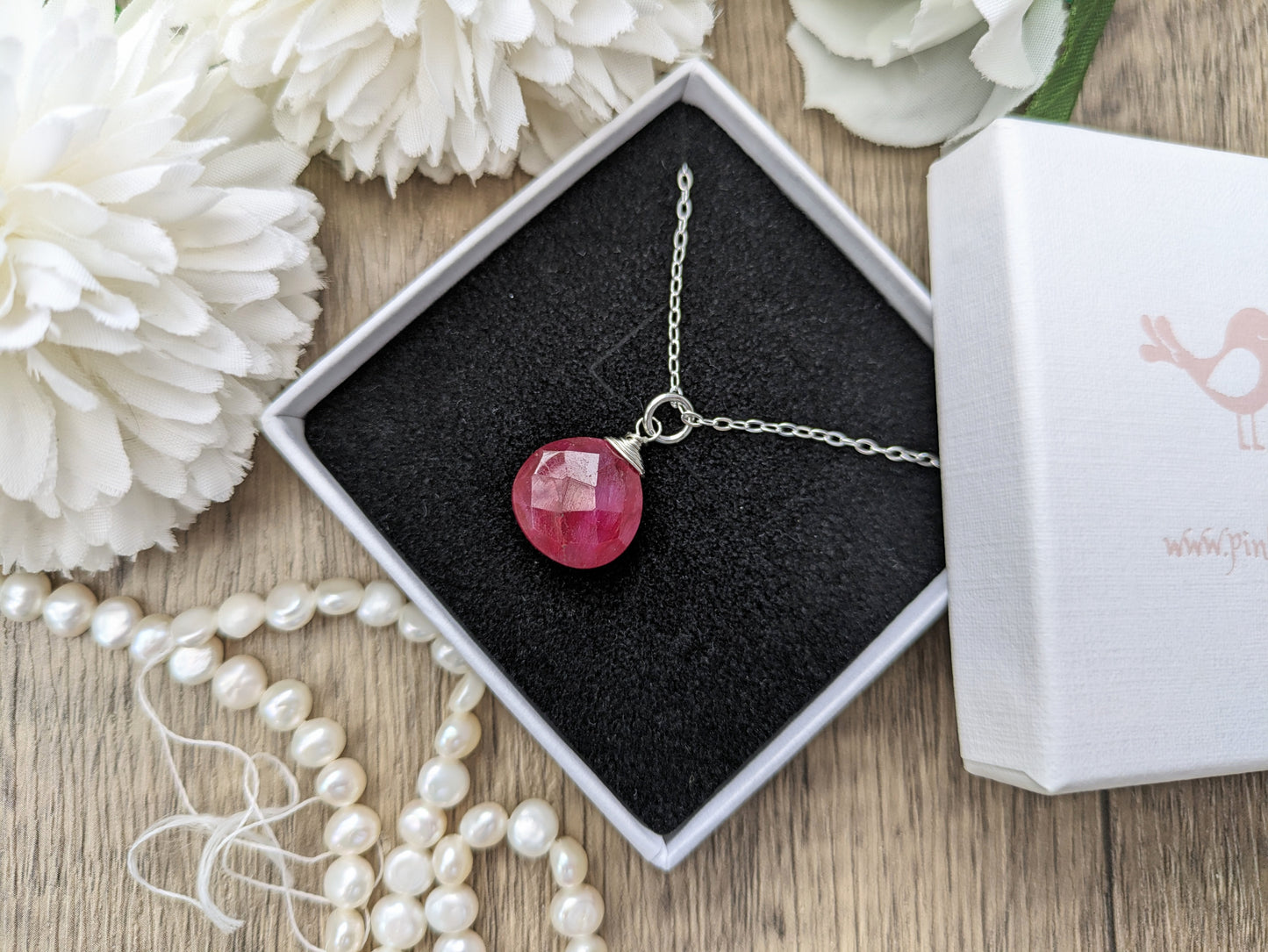 Ruby drop necklace in silver or gold. July birthday gift.