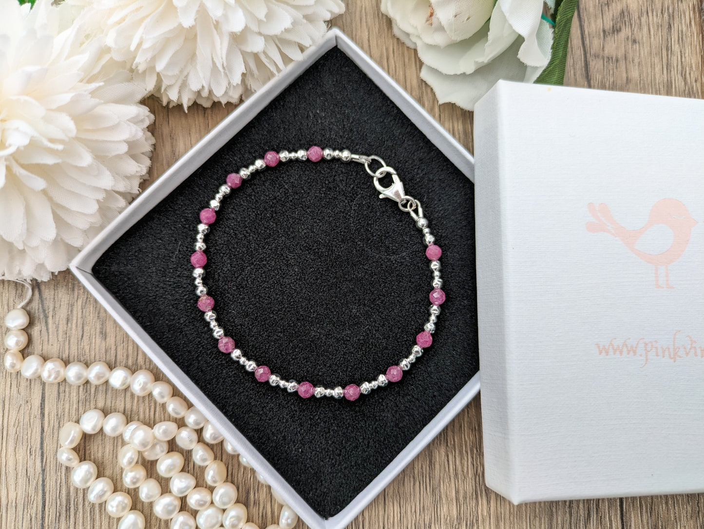 Silver ruby bracelet - personalise with initial, number or zodiac sign.