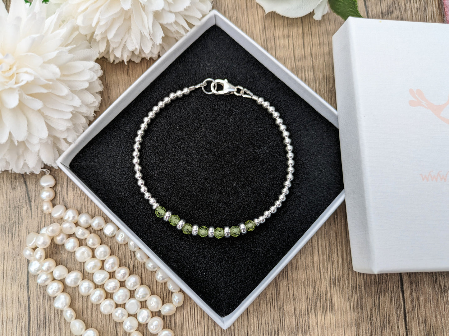 Peridot bracelet - personalise with any initial, number or zodiac sign.