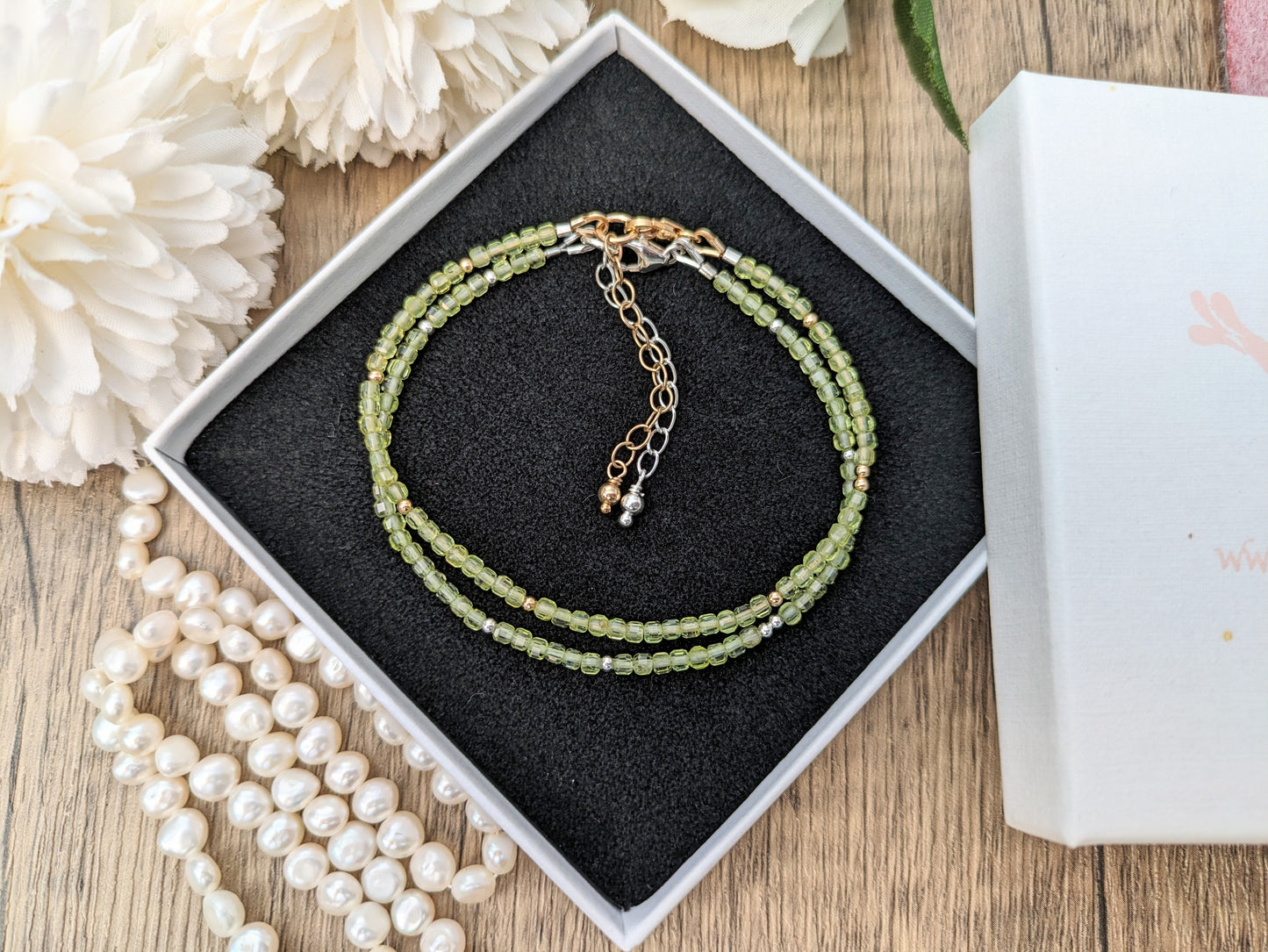 Skinny peridot bracelet. August birthstone bracelet.