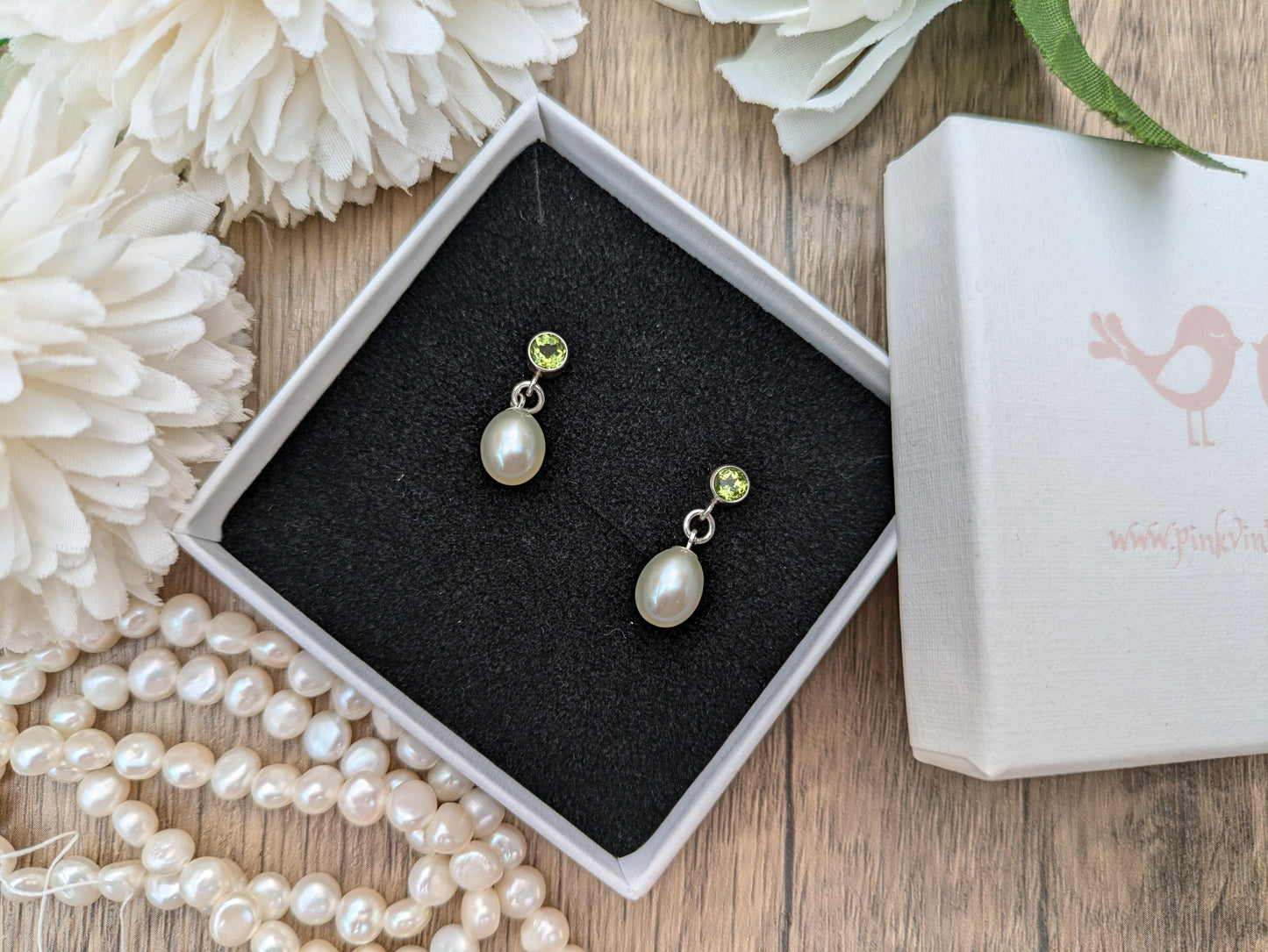 Pearl and peridot earrings. August birthstone.