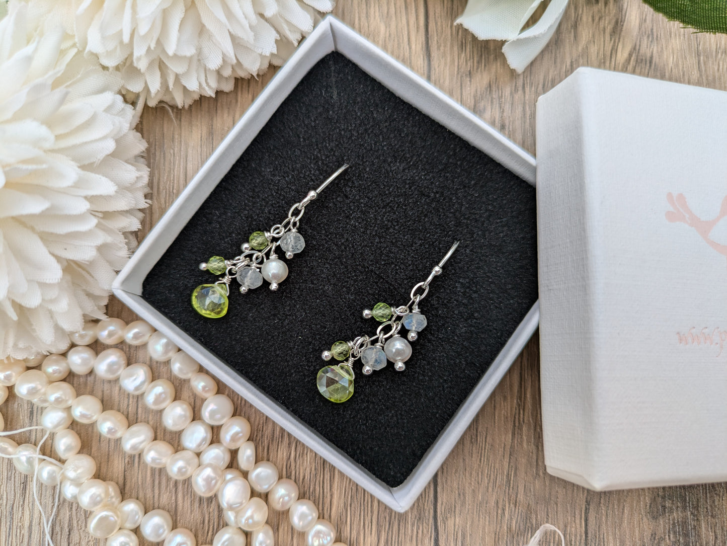 Peridot, moonstone and pearl cluster earrings.