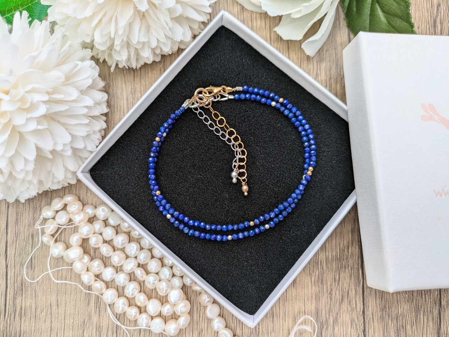 Skinny lapis lazuli bracelet in sterling silver or gold.