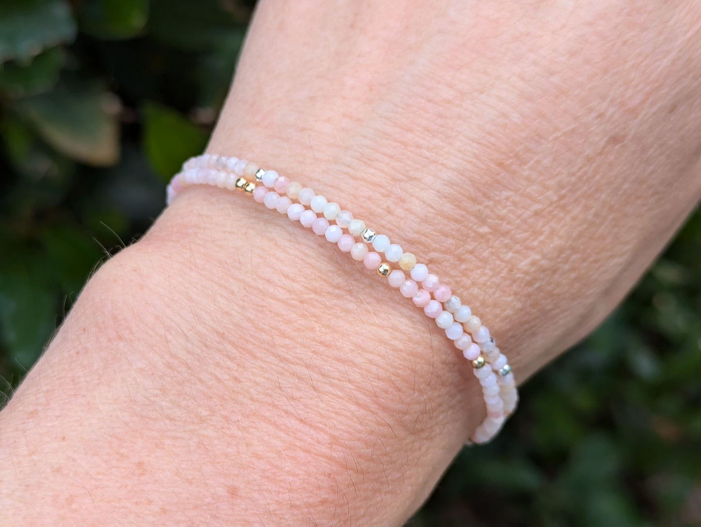 Skinny pink opal bracelet in silver or gold.