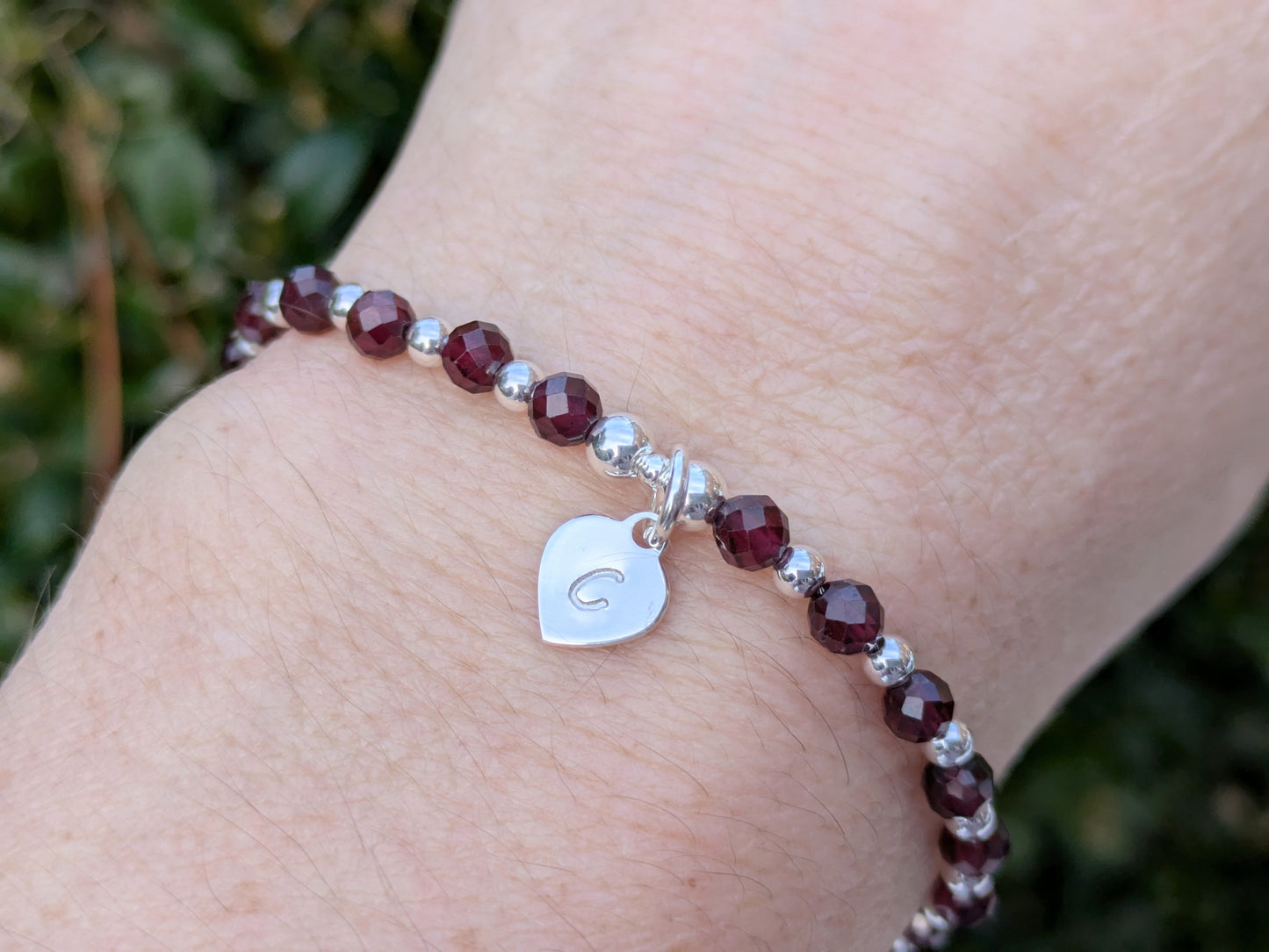 Garnet initial bracelet.