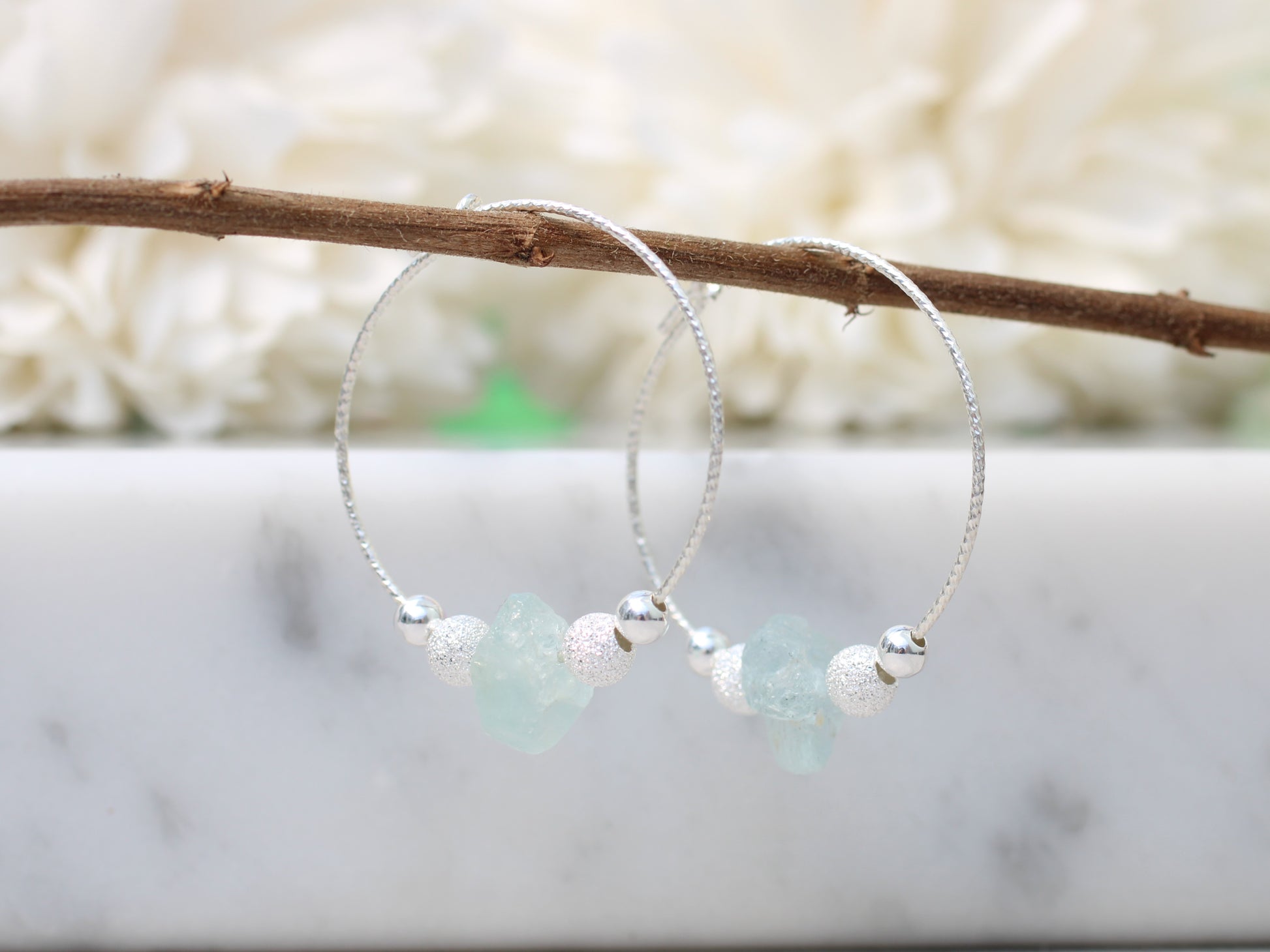 raw aquamarine hoop earrings
