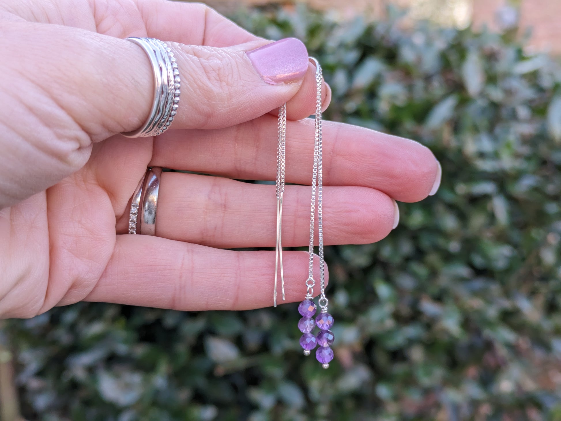 amethyst thread through earrings