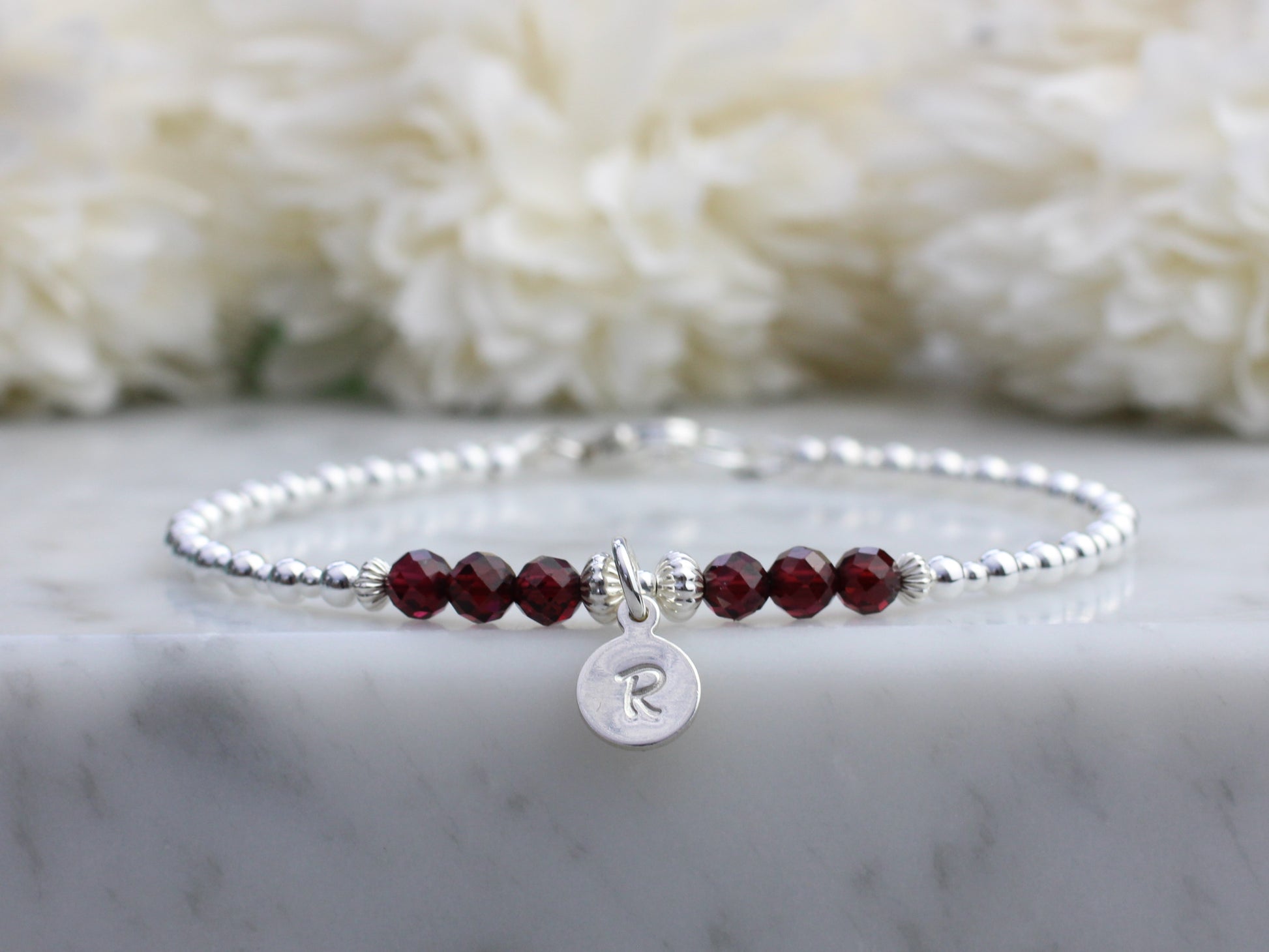 garnet gemstone initial bracelet