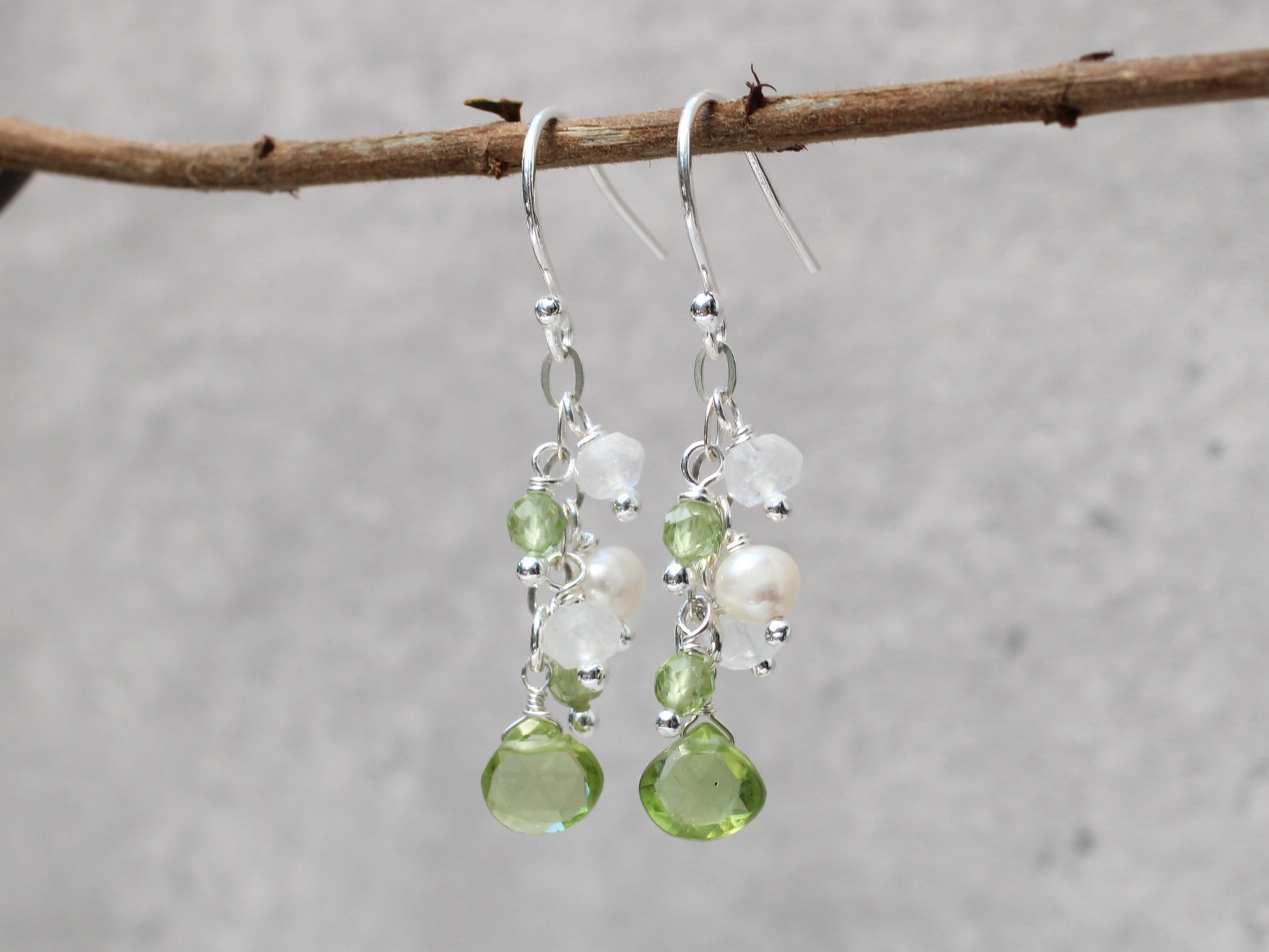 peridot, moonstone and pearl cluster earrings