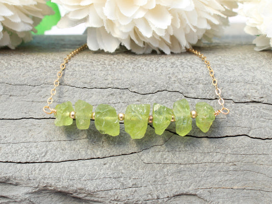 raw peridot necklace in silver or gold