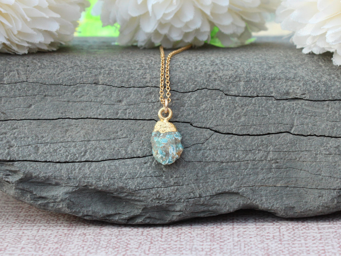 raw turquoise necklace in gold