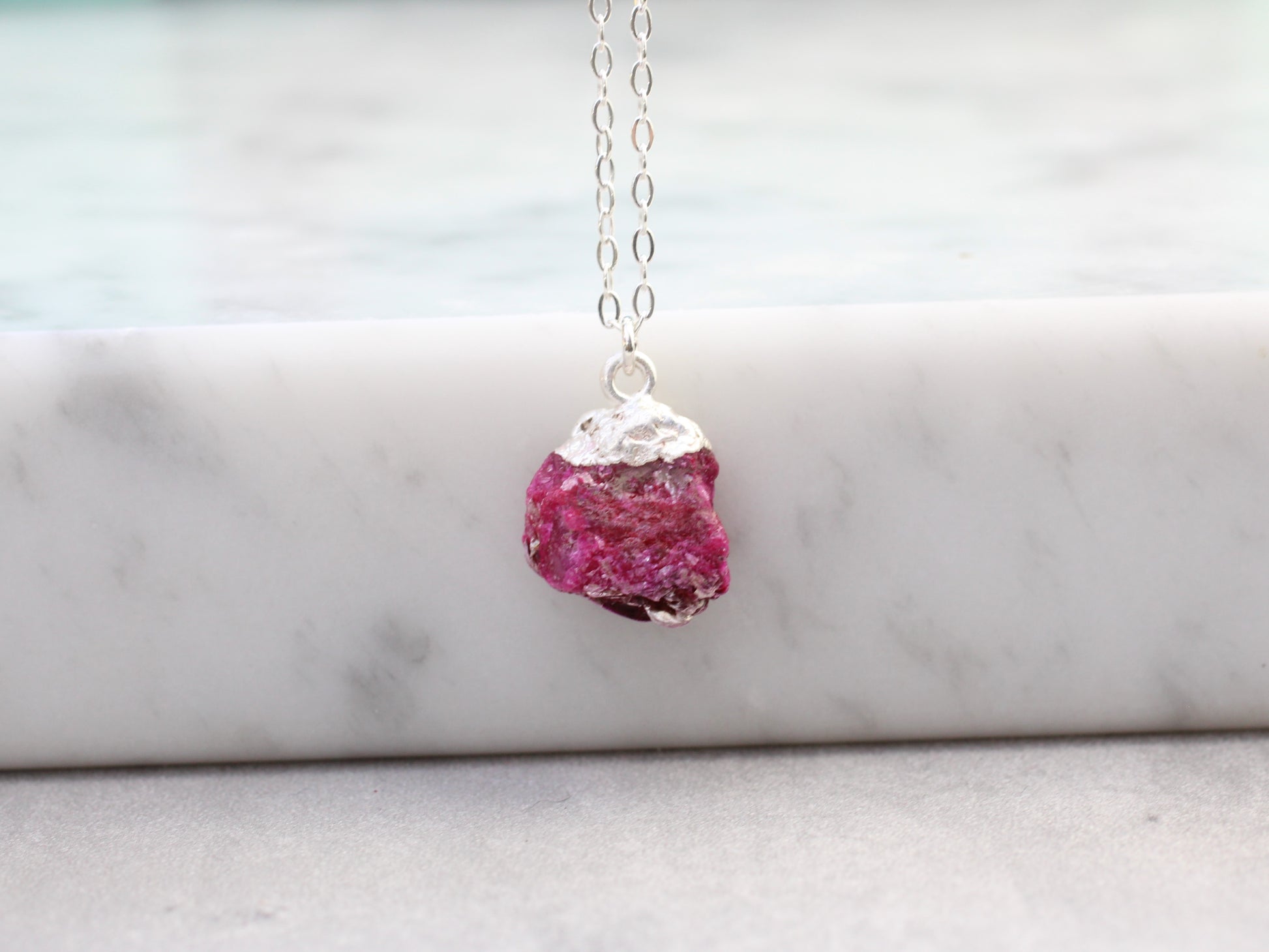 raw ruby necklace in silver
