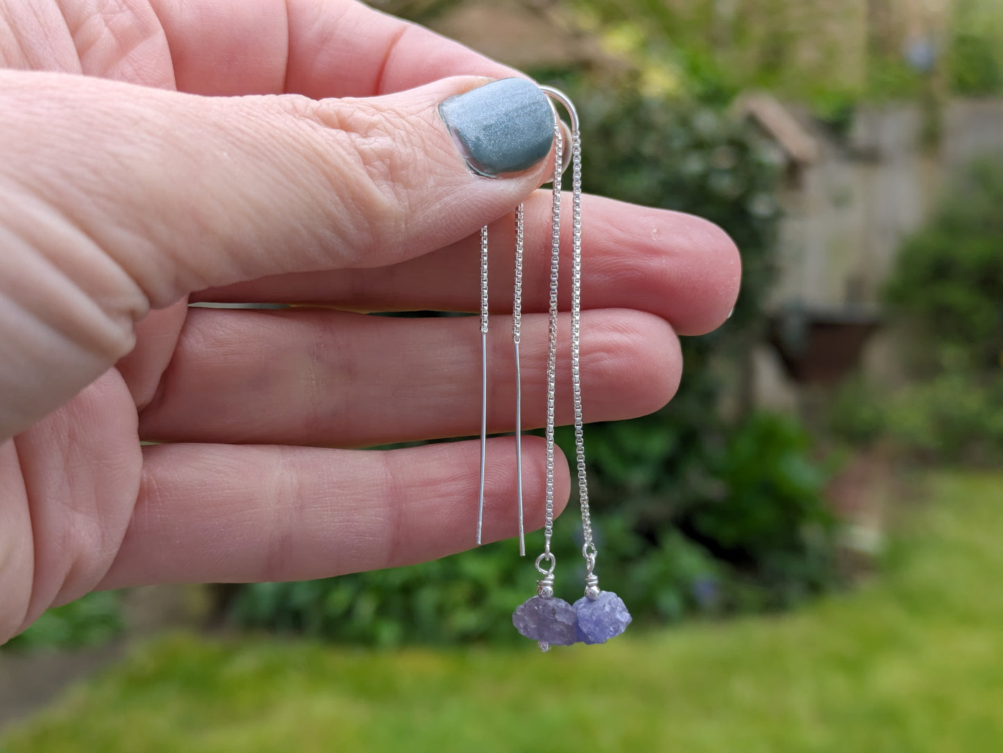 raw tanzanite threader earrings