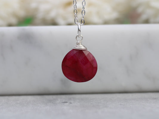 Ruby drop necklace in silver or gold. July birthday gift.