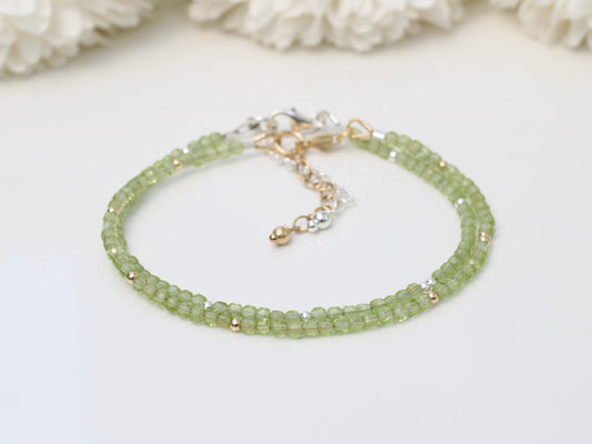 Skinny peridot bracelet. August birthstone bracelet.