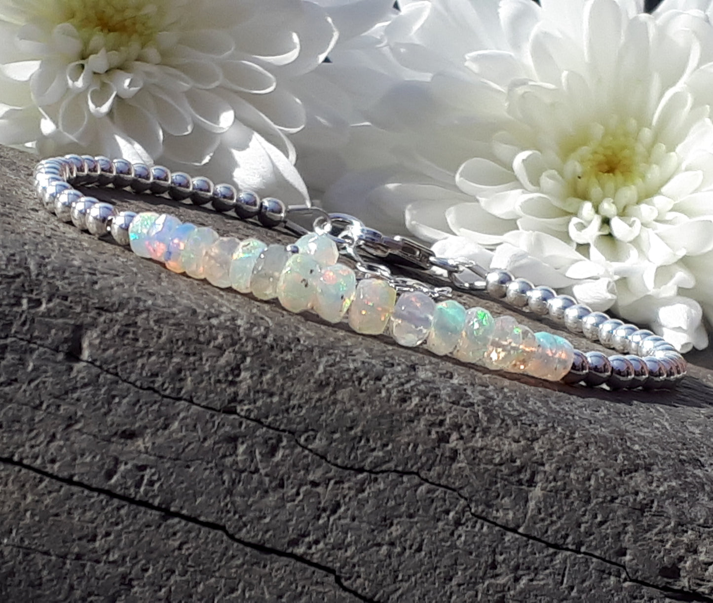 Personalised Ethiopian welo opal bracelet in silver.