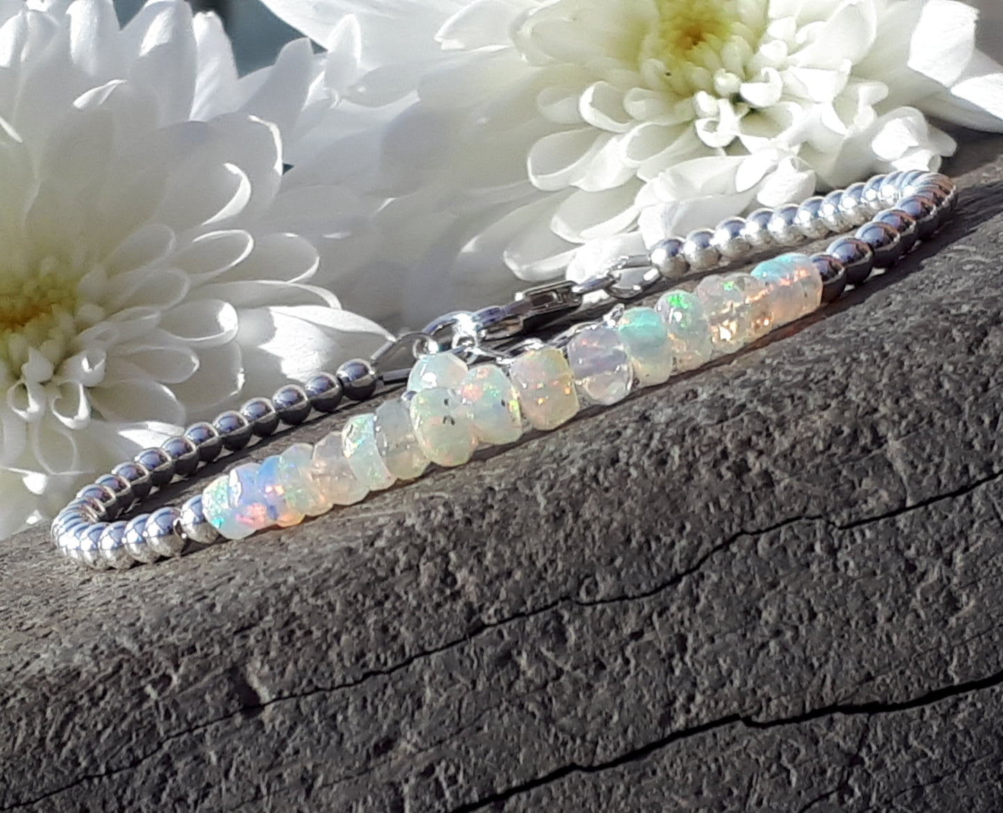 Personalised Ethiopian welo opal bracelet in silver.