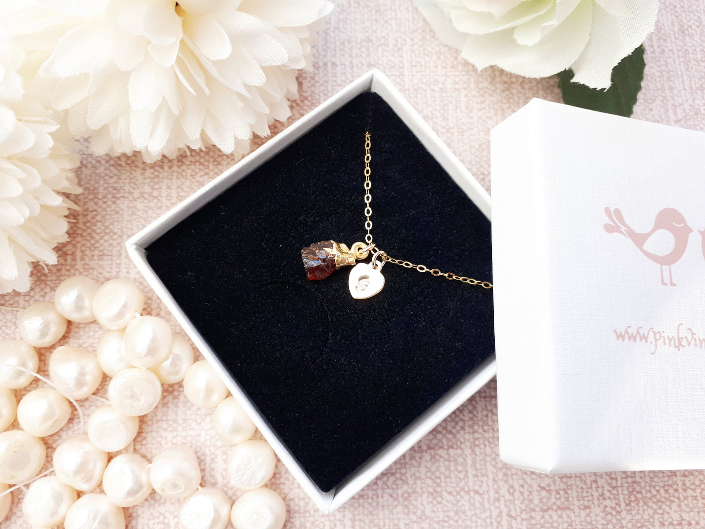 Personalised raw garnet gemstone necklace in gold.