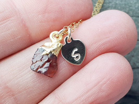 Personalised raw garnet gemstone necklace in gold.