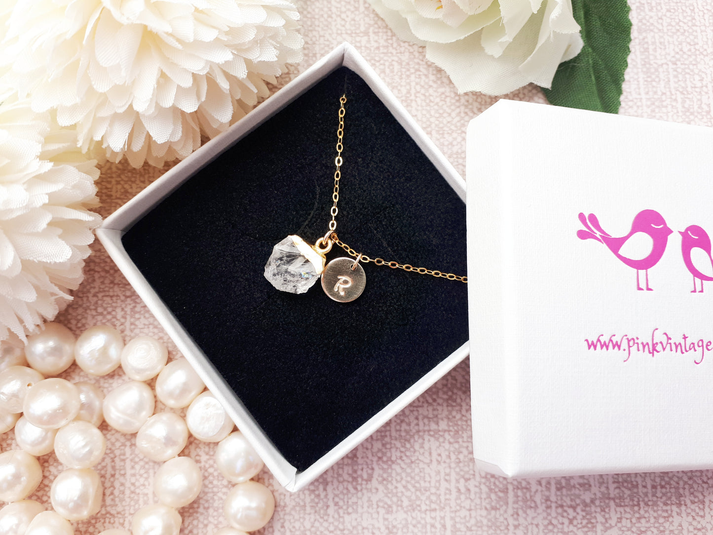 Personalised clear quartz necklace in gold.