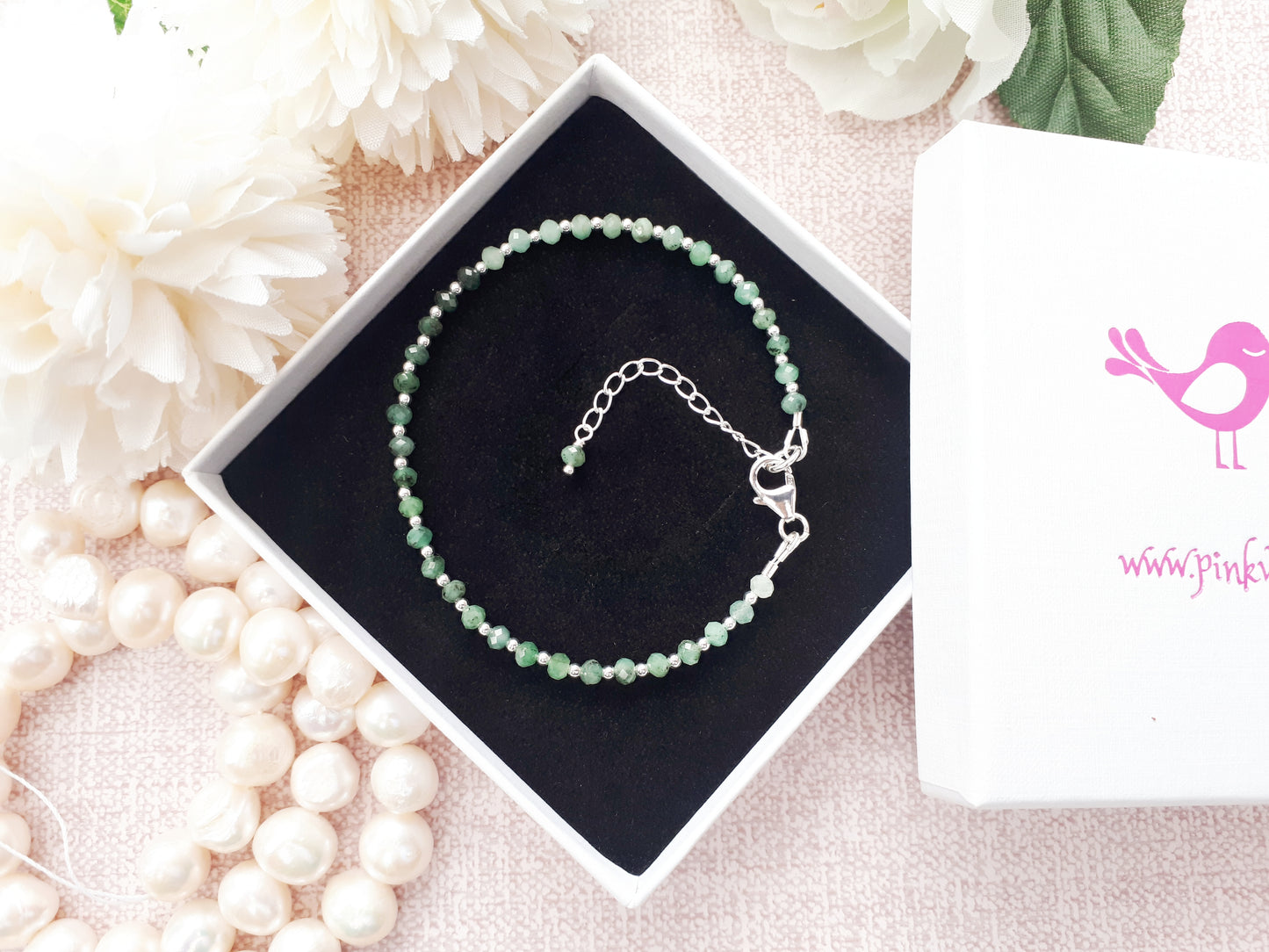 Emerald bracelet in sterling silver. May birthstone.