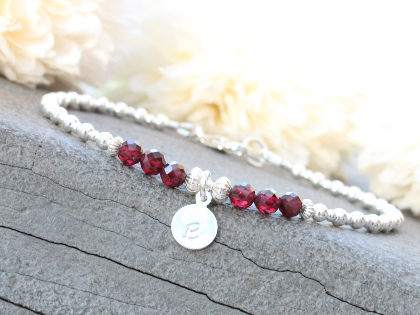 Garnet gemstone initial bracelet. January birthstone bracelet.