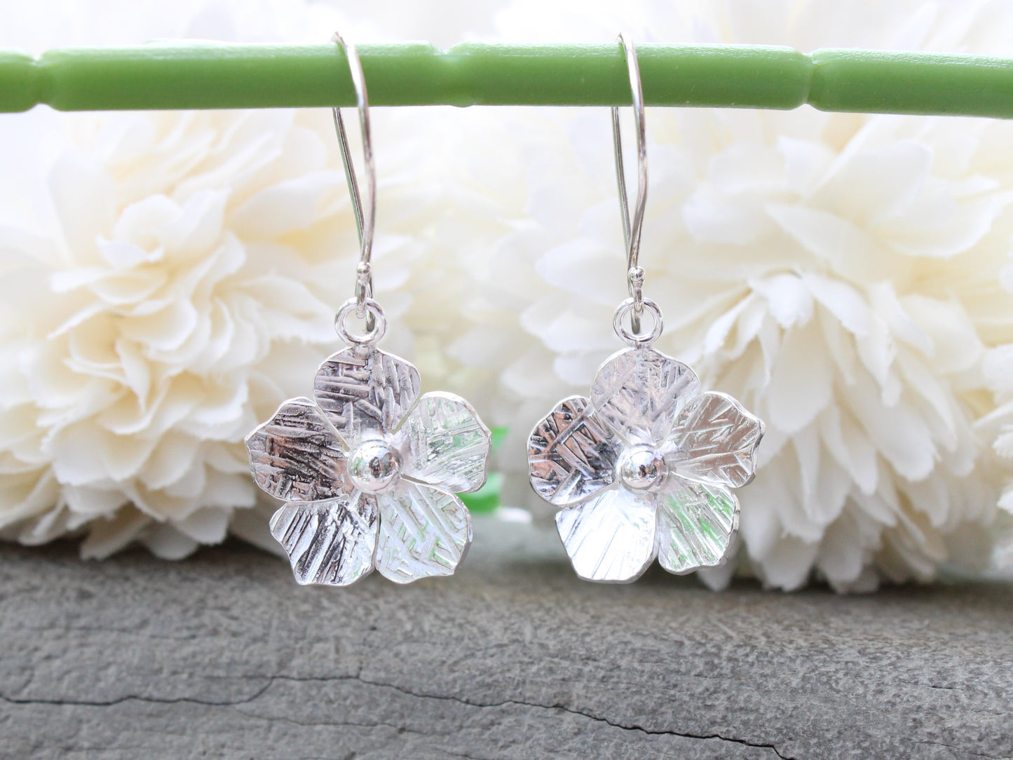 Flower drop earrings in sterling silver. Ready to ship.