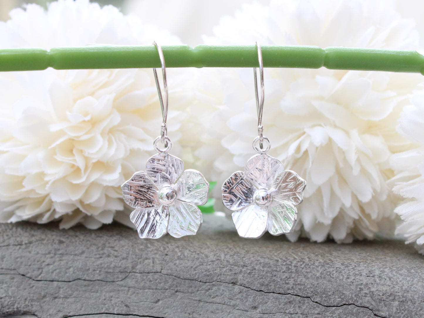 Flower drop earrings in sterling silver. Ready to ship.