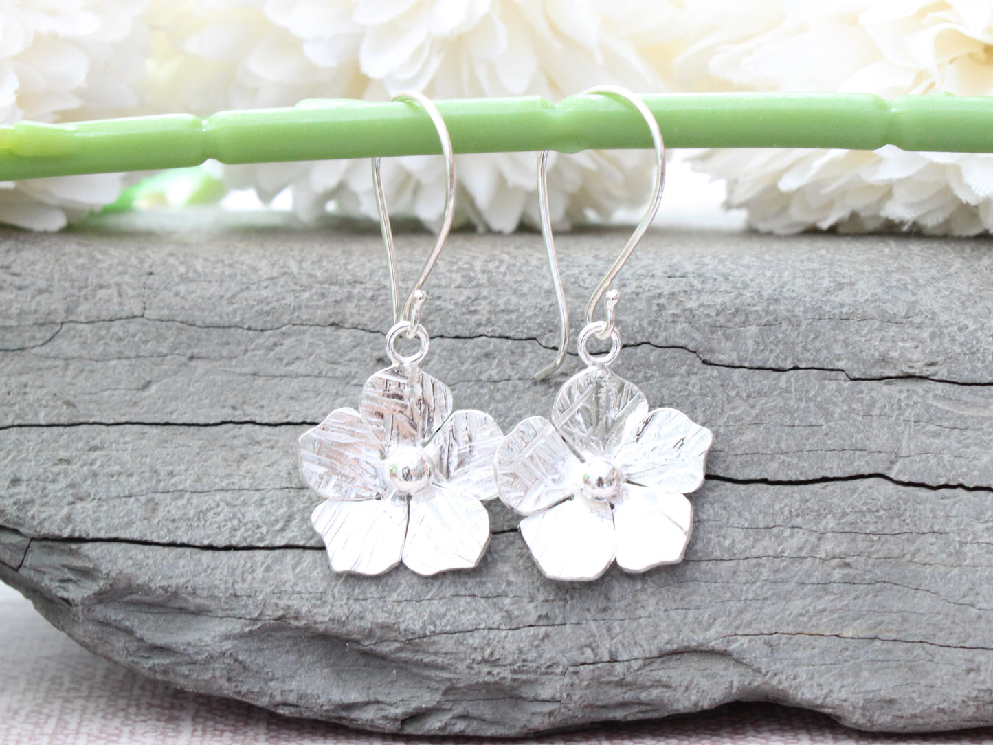 Flower drop earrings in sterling silver. Ready to ship.