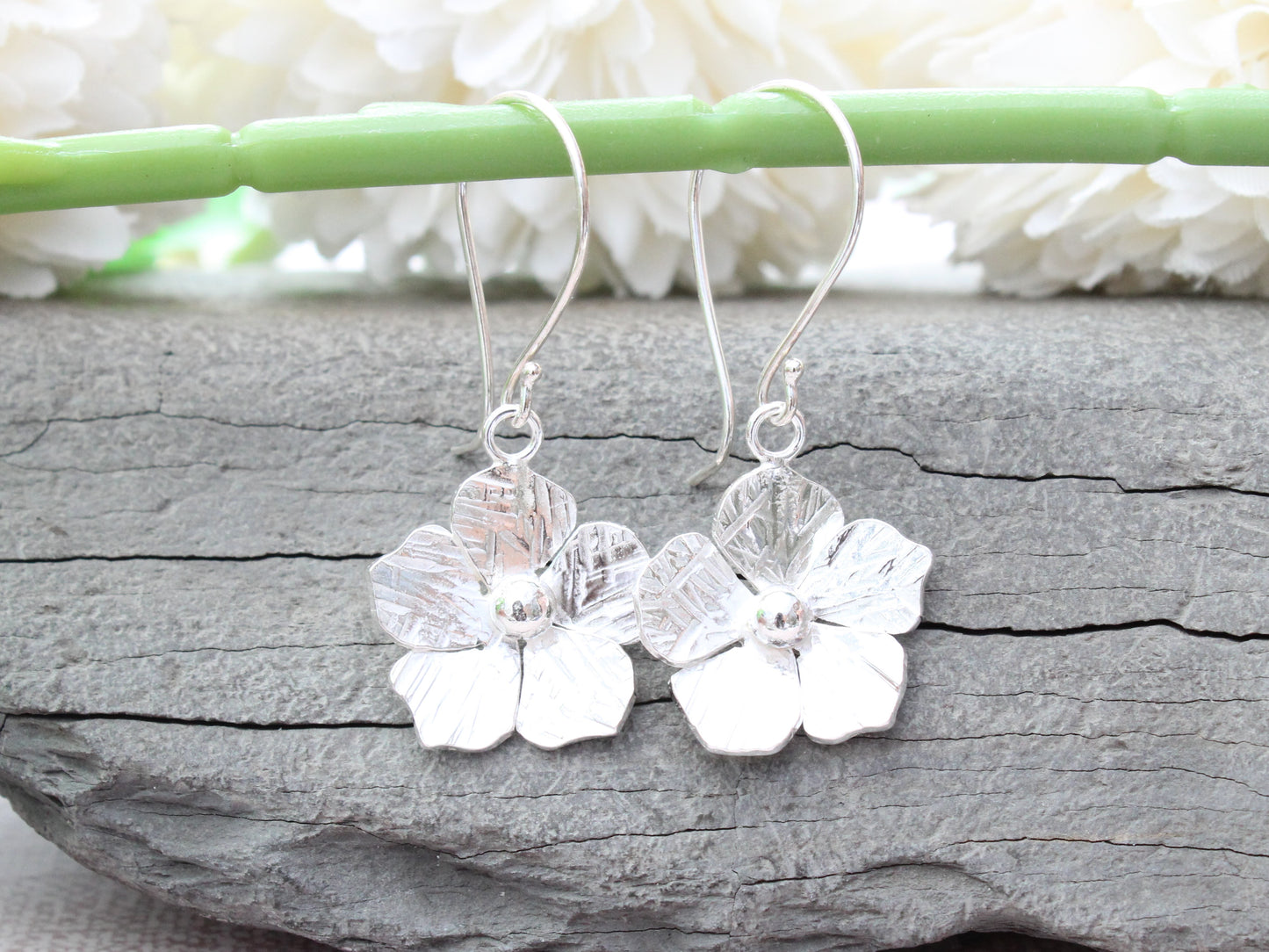 Flower drop earrings in sterling silver. Ready to ship.