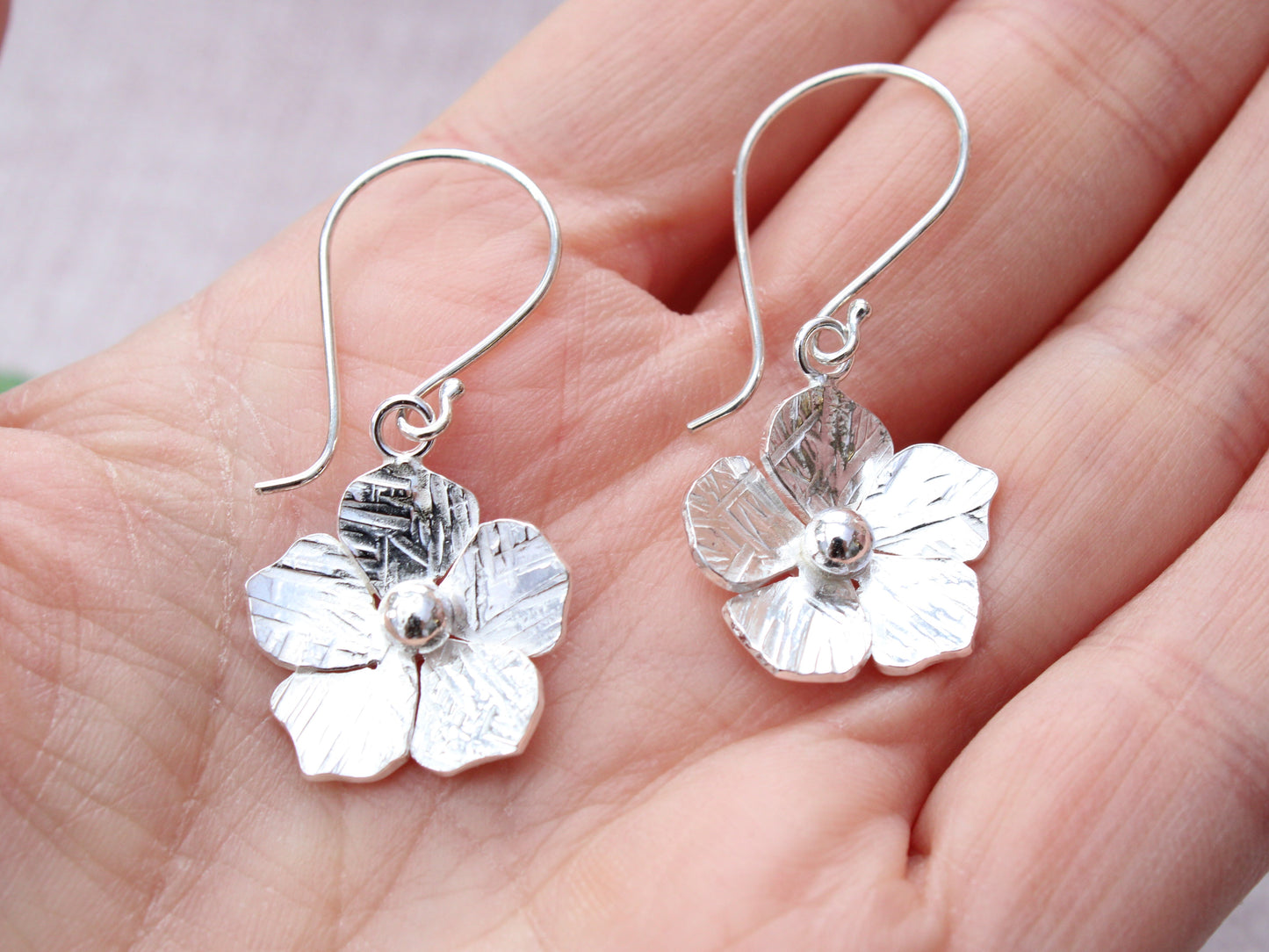 Flower drop earrings in sterling silver. Ready to ship.