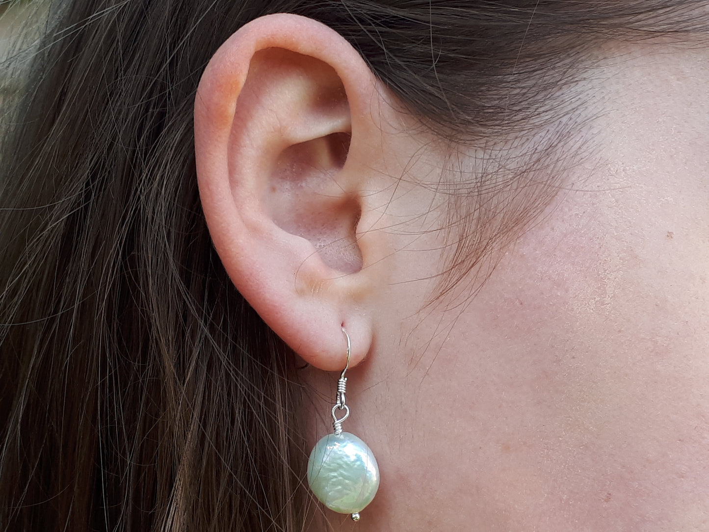 Coin pearl earrings in sterling silver or gold.